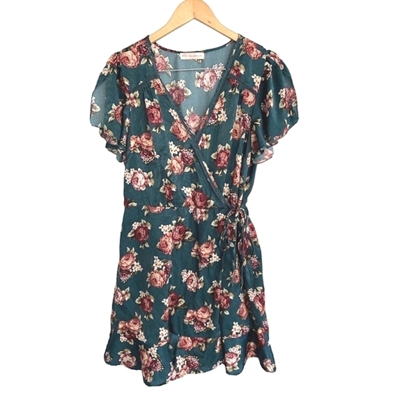 Xhileration Green Floral Velvet Feel Wrap Style Dress Women's Size Large - Picture 1 of 6